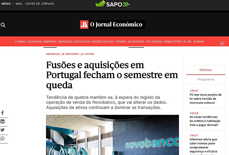 Fuses e aquisies em Portugal fecham o semestre em queda